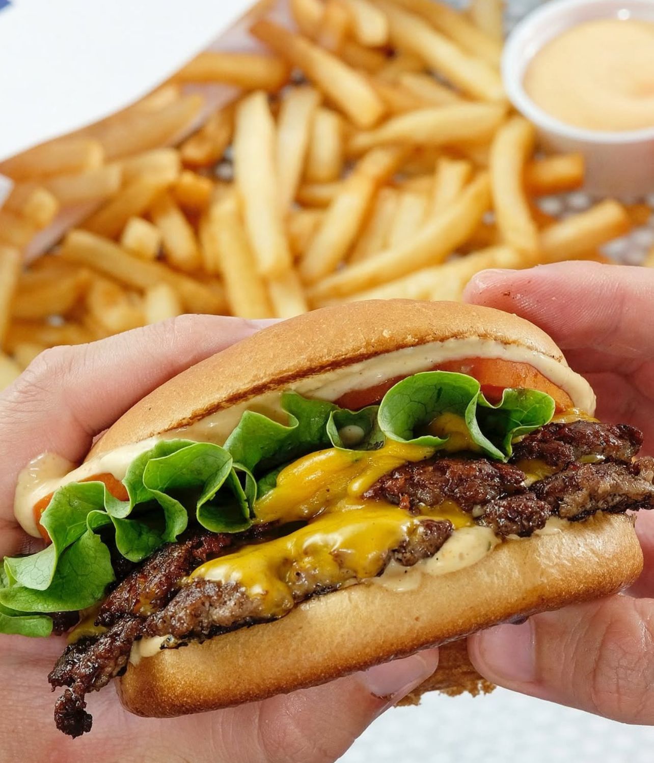 mãos seguram hamburguer e ao fundo uma porção de batata frita